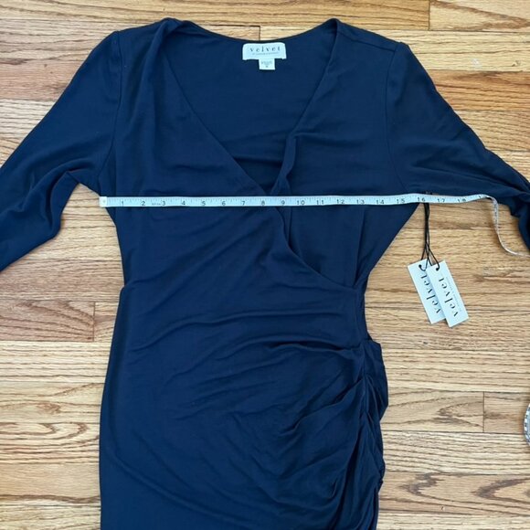 NWT Velvet Navy Faux Wrap Midi Dress M Ruched Surplice Anthropologie Career - Picture 10 of 11